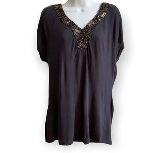 Cynthia Rowley Short Sleeve V-Neck Bejeweled Gray Top-Tag Cut Out